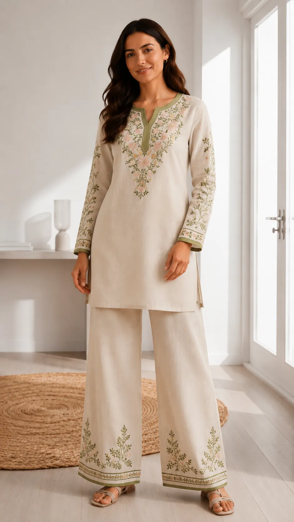 Olive_green_and cream_plazzo_kurta